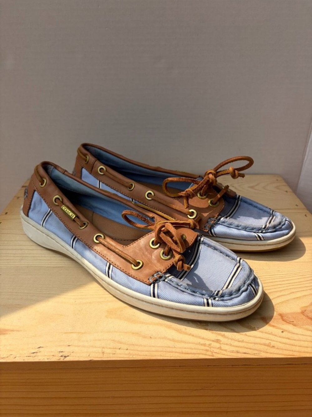 Preppy Coach Richelle Striped Canvas & Leather Boat Shoes, Size 8 normal fit